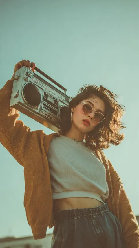 Stylish Hipster Woman Retro Boombox