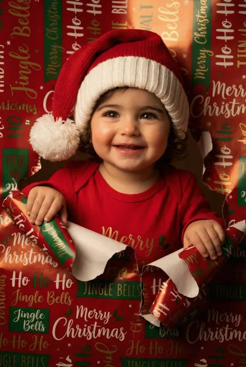 Christmas Baby Bursting Through Wrapping Paper