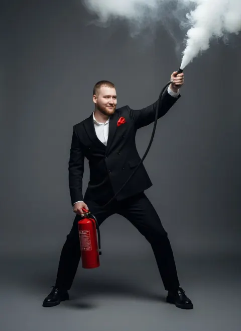 Suited Man Fire Extinguisher Portrait