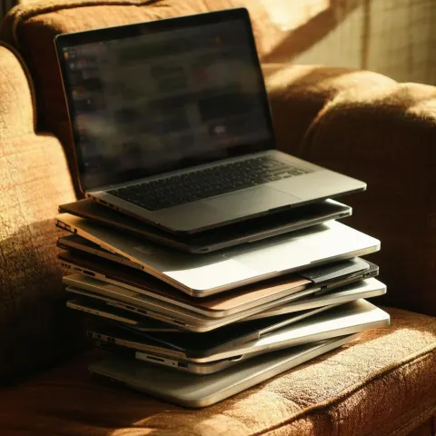 Laptops Stacked on a Vintage Golden Sofa