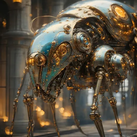 Cinematic Steampunk Mantis in Golden Film Grain