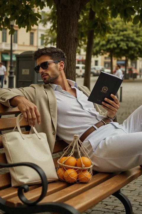Stylish Man Reading on Park Bench