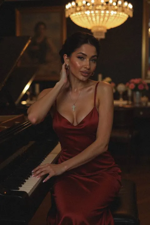 Elegant Red Dress Piano Portrait