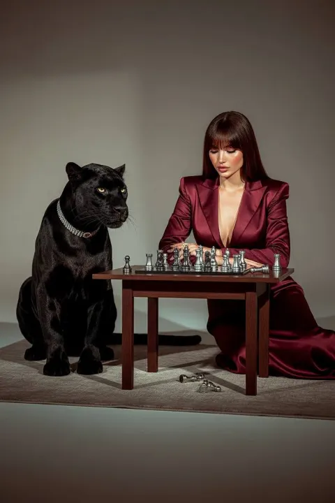 Woman Playing Chess with Panther
