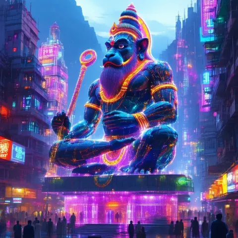 Cybernetic Hanuman Statue Towering Over Neon City