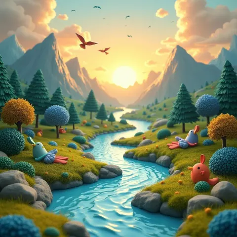 Whimsical Claymation Mountains and Winding River