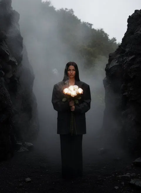 Burning White Rose in Mist
