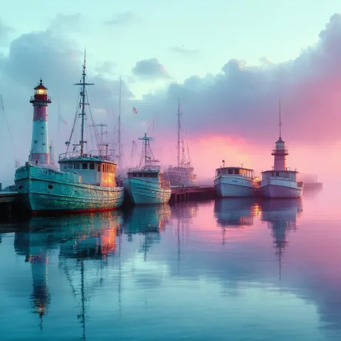 Surreal Marina of Melting Boats and Lighthouses