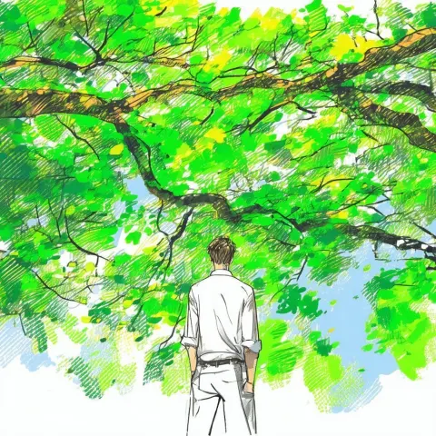 Whiteboard Man Standing Under a Lush Tree