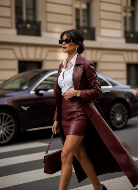 Burgundy Leather Trench Fashion