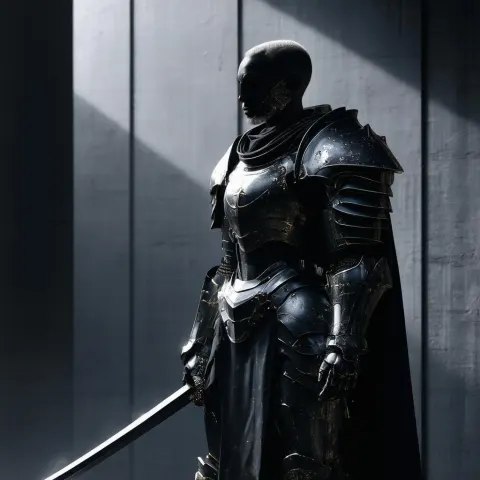 Stoic Futuristic Warrior in Monochrome Shadow