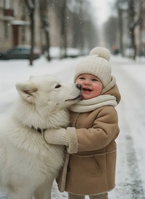 Winter Child and Samoyed Companion