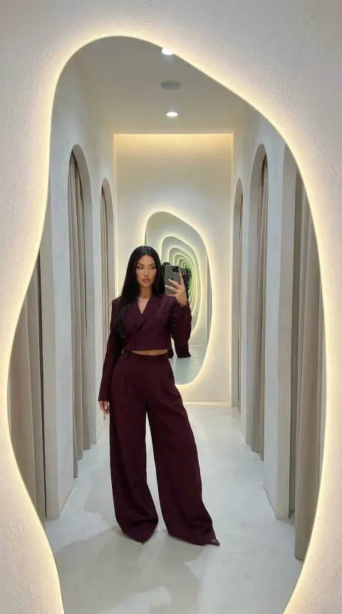Mirror Elegance: Burgundy Power Suit
