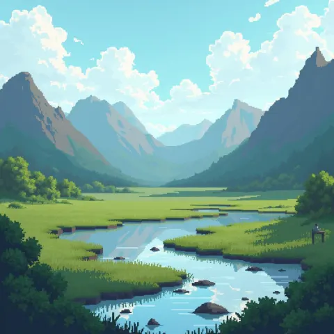 Pixel Landscape of Mountains Plains and Wetlands
