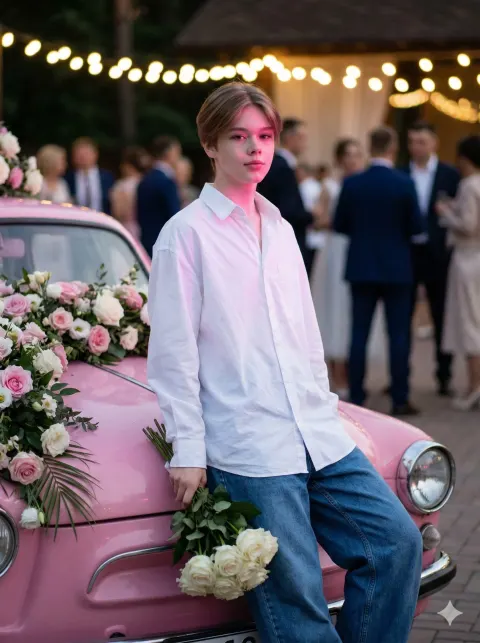 A person in a white shirt and blue jeans leans on a pink car decorated with flowers.