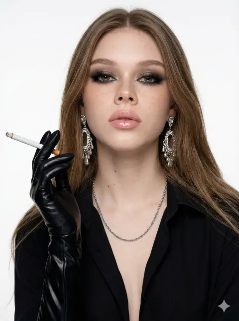 A woman with long brown hair wearing a black shirt and silver jewelry holds an unlit cigarette in a latex glove.