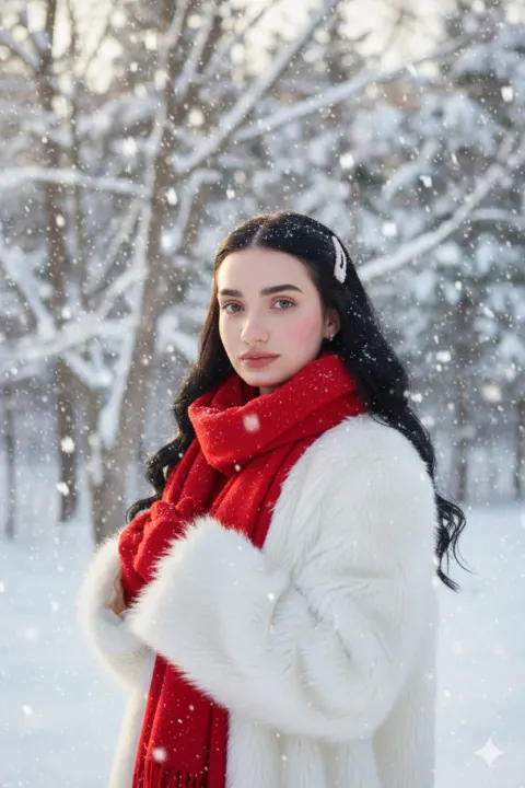Snowy Portrait with Red Scarf and Bean Paste Lips