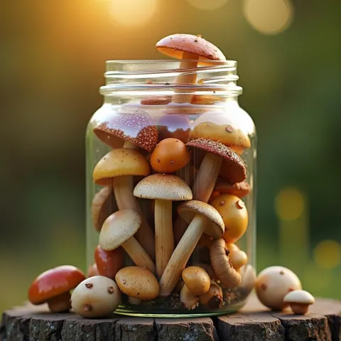 Jar of Wild Mushrooms in Golden Light