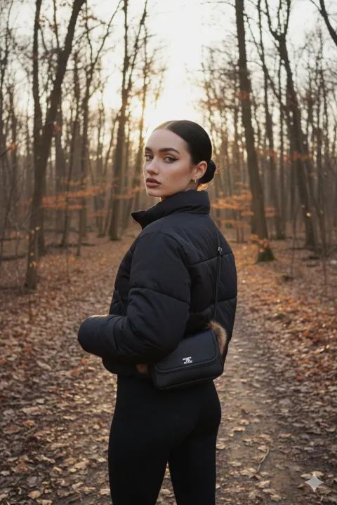 A young woman in a black puffer jacket stands on a forest path with bare trees under warm sunlight.