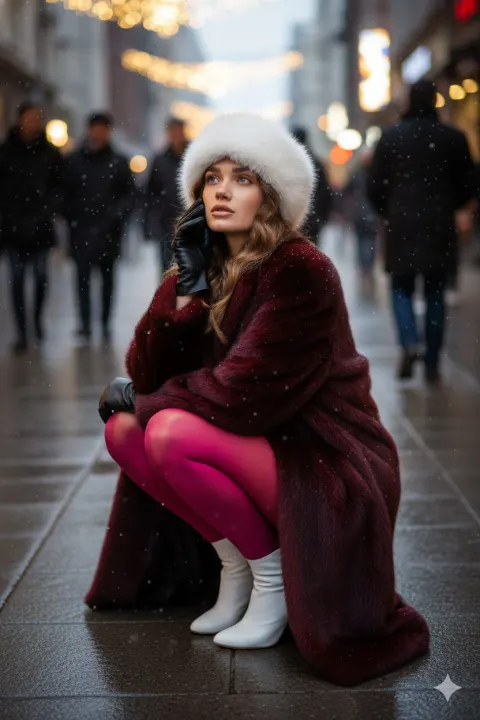 Glamorous Winter Street Portrait with Red Fur