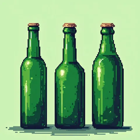 Three Green Glass Bottles in Retro Pixels