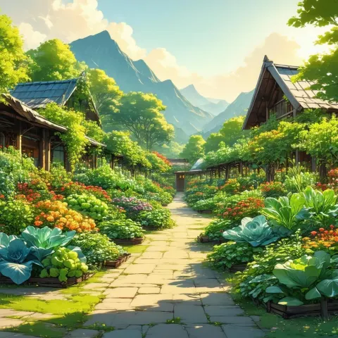 Serene Anime Vegetable Garden at Golden Hour