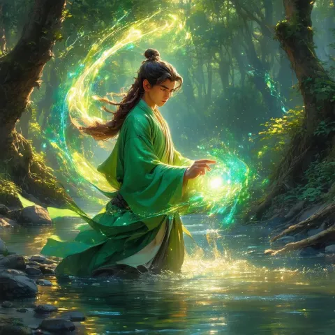 Robed Apprentice Bending Air by Woodland River