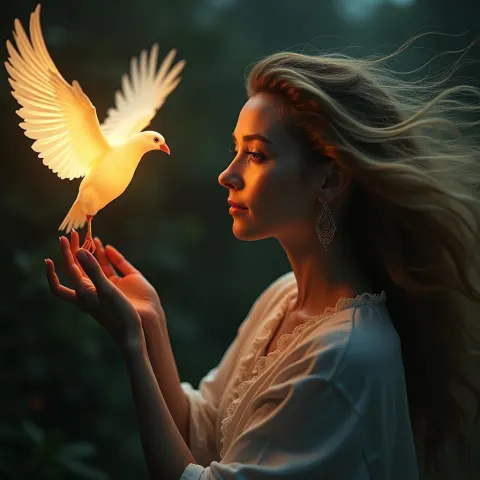 Woman With Flowing Hair Beside Glowing Bird