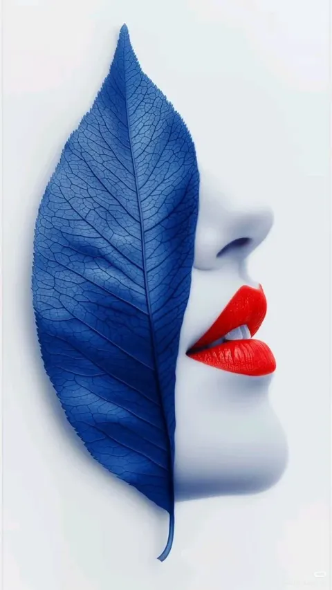 Blue Leaf Red Lips Surreal Art