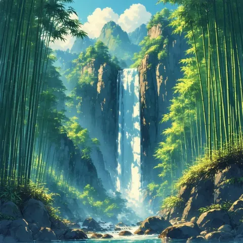 Misty Bamboo Forest Waterfall in Ghibli Style