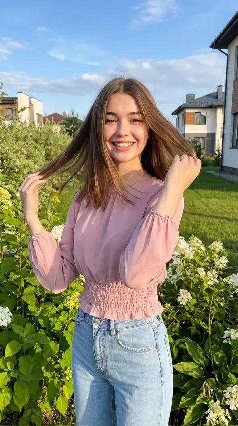Cheerful Girl in Lush Garden