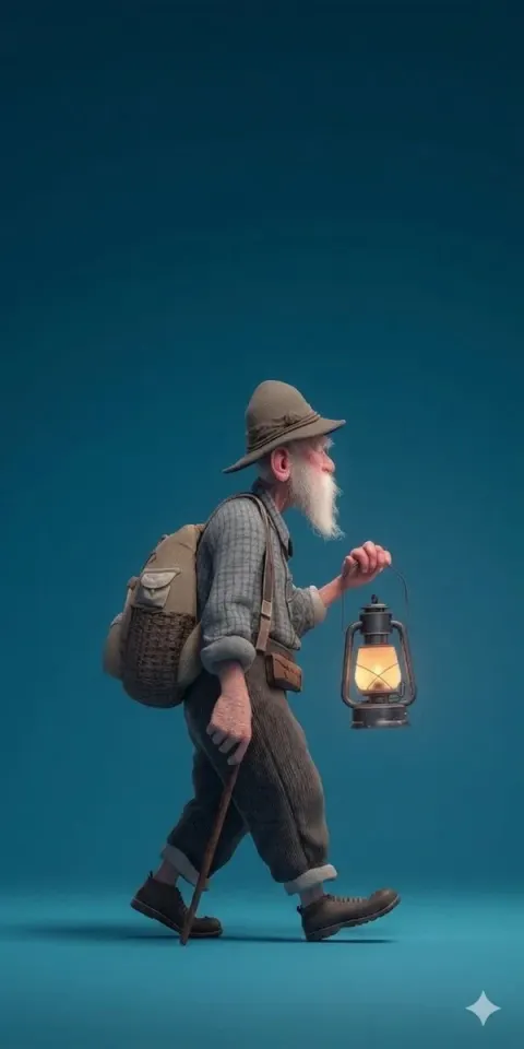 Elderly Hiker Lantern Glow