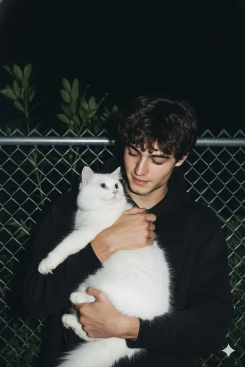 Man Holding Fluffy White Cat at Night