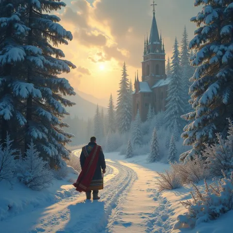 Lone Traveler Crossing a Baroque Winter Wonderland