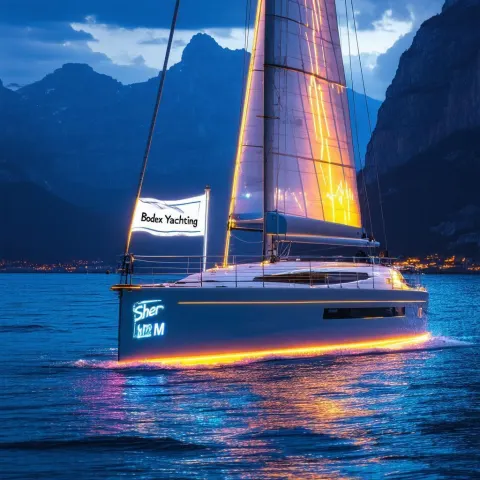 Bodex Yacht Slicing Through Cybernetic Blue Seas