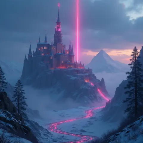 Neon Fortress Spire Above a Frosty Valley