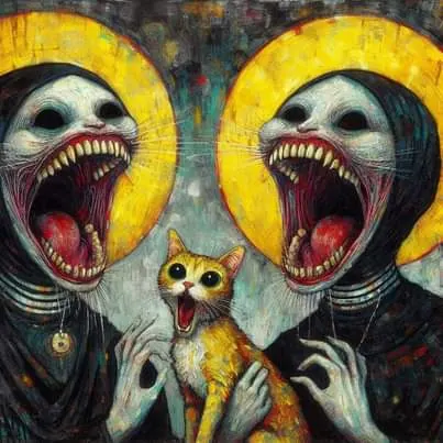 Surreal Tooth-Faced Figures Sharing Cat