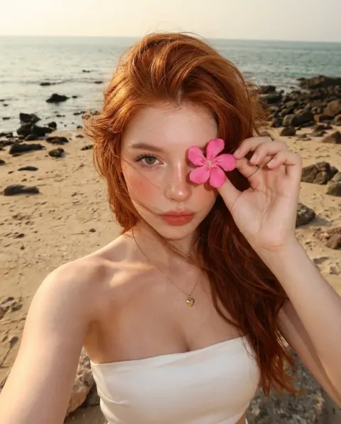 Redhead Beach Selfie At Golden Hour