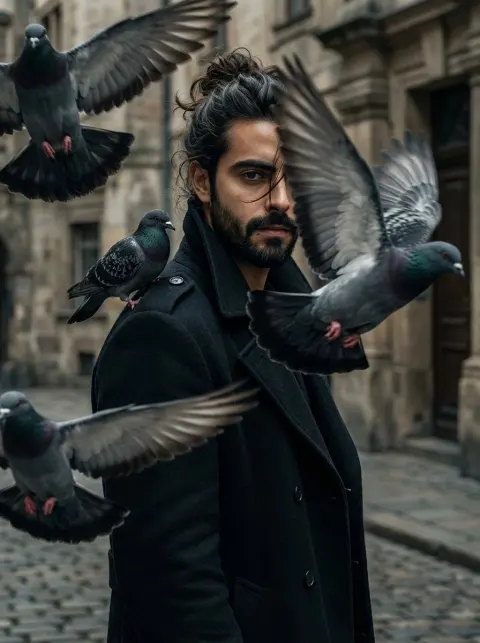 Mysterious Young Man Among Pigeons