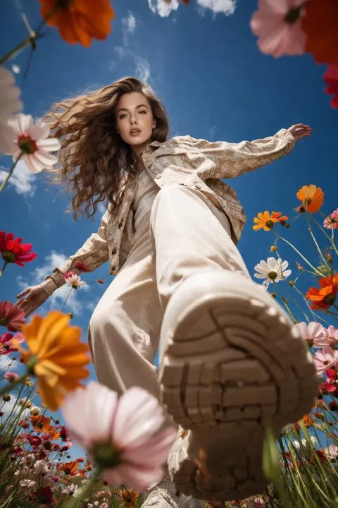 Cinematic Low Angle Flower Field Fashion