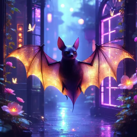Cyberpunk Bat With Shimmering Amethyst Wings