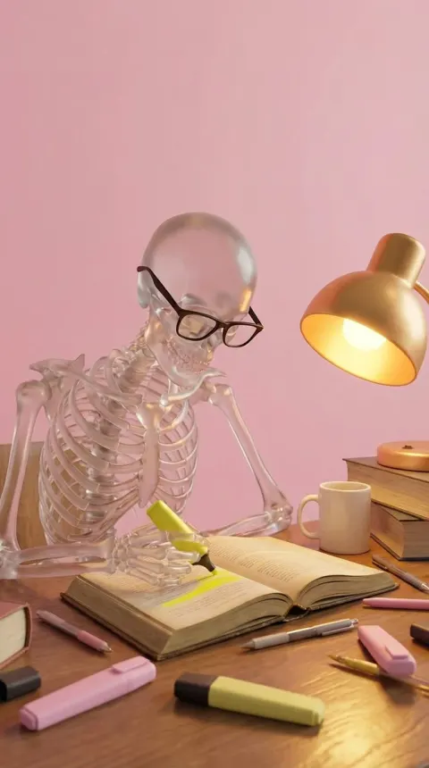 Glass Skeleton Studying at Desk