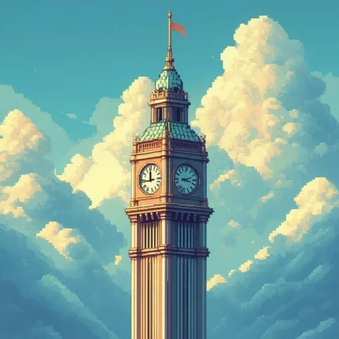 8 Bit Clock Tower Among Pixel Clouds