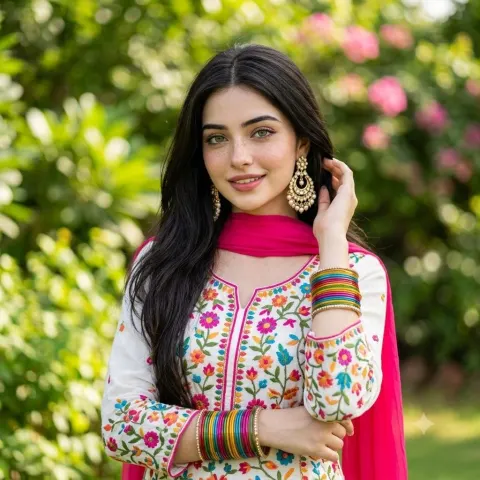 Floral Embroidered Portrait With Pink Dupatta