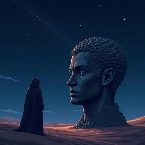 Cloaked Figure Before a Desert Head Sculpture