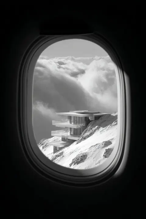 Futuristic Mountain House From Airplane Window