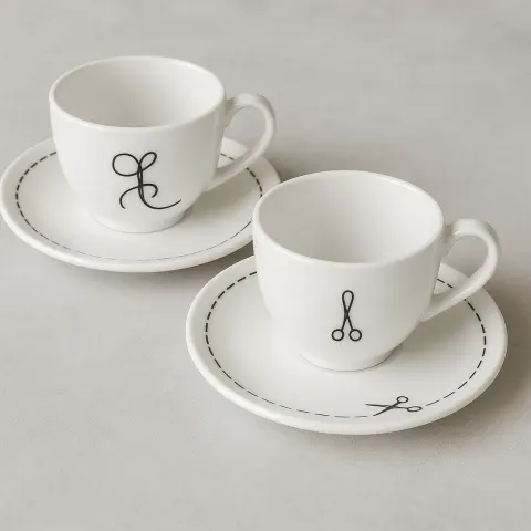 Set of White Teacup and Saucers with Black Line Designs