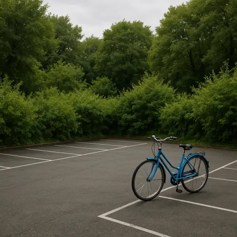 Vacant Parking Area Bordered by Dense Greenery