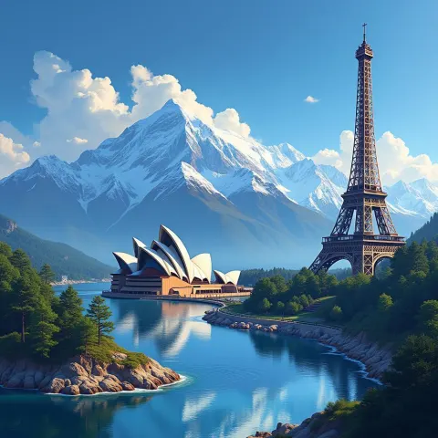 Opera House Eiffel and Everest Anime Mashup