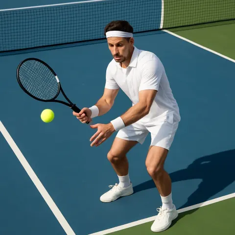 Tennis Player in White Attire Preparing to Hit a Ball
